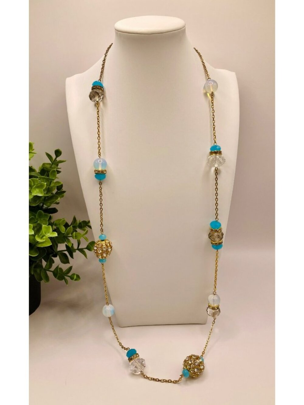 Vintage Inspired Beaded Necklace Gold Tone Chain Blue & Crystal Accents -1B
